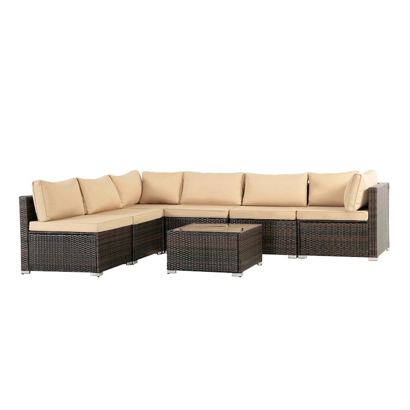 Ensemble de mobilier de jardin en résine tressée marron 7 pièces, 6 canapés, 1 table