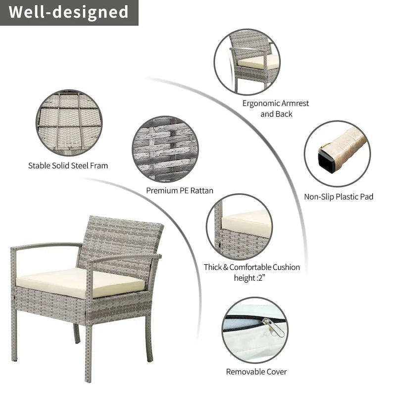 Ensemble de conversation en résine tressée 3 pièces pour patio avec table basse
