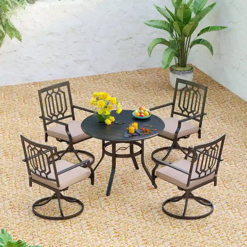 MAISON ARTS 5 Piece Metal Patio Dining Set, 4 Swivel Armrest Chairs with Cushion and 37.8 Round Table with 1.57 Umbrella Hole