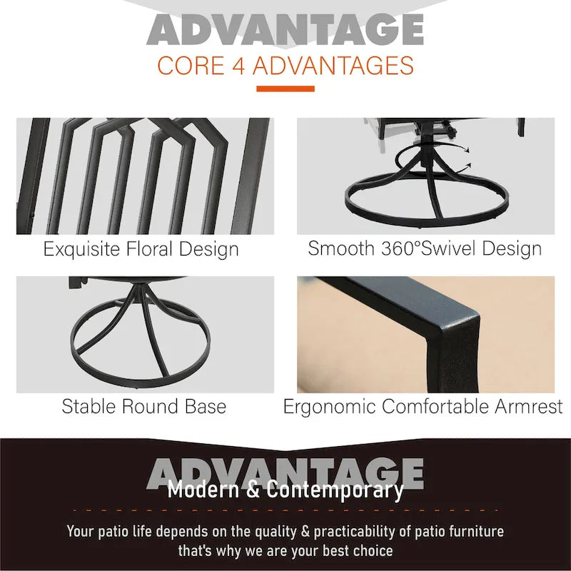 Ensemble de salle à manger d'extérieur MAISON ARTS en métal, 5 pièces, comprenant 4 chaises pivotantes avec accoudoirs et coussins, et une table ronde de 96 cm avec un trou pour parasol de 4 cm.