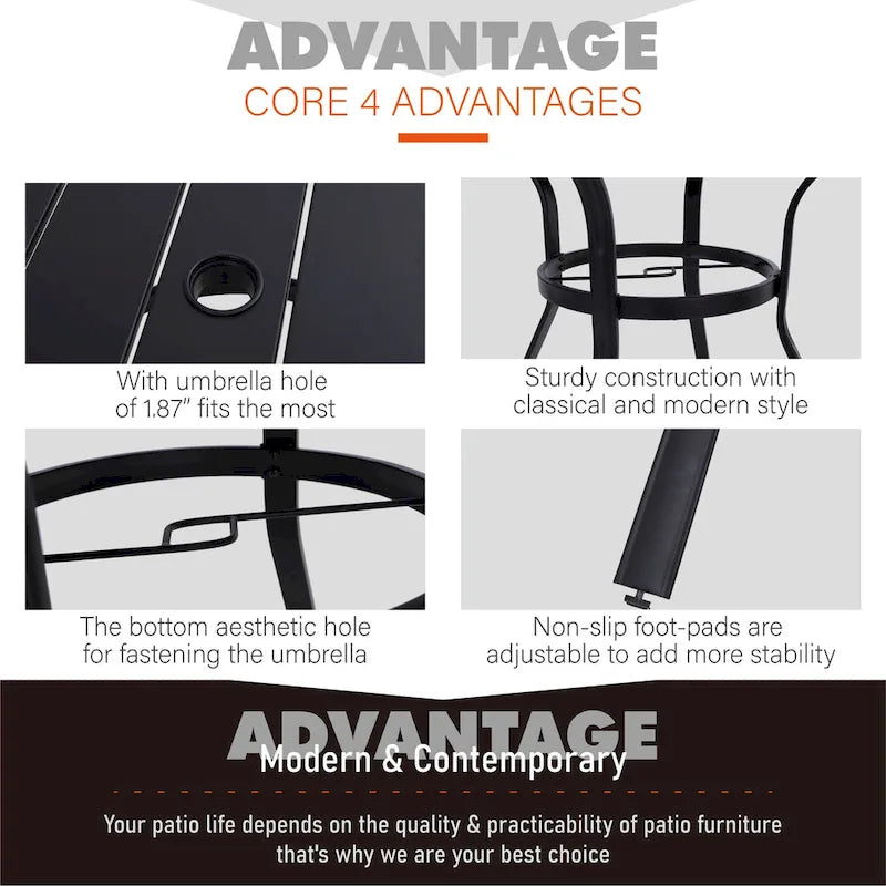Ensemble de salle à manger d'extérieur MAISON ARTS en métal, 5 pièces, comprenant 4 chaises pivotantes avec accoudoirs et coussins, et une table ronde de 96 cm avec un trou pour parasol de 4 cm.