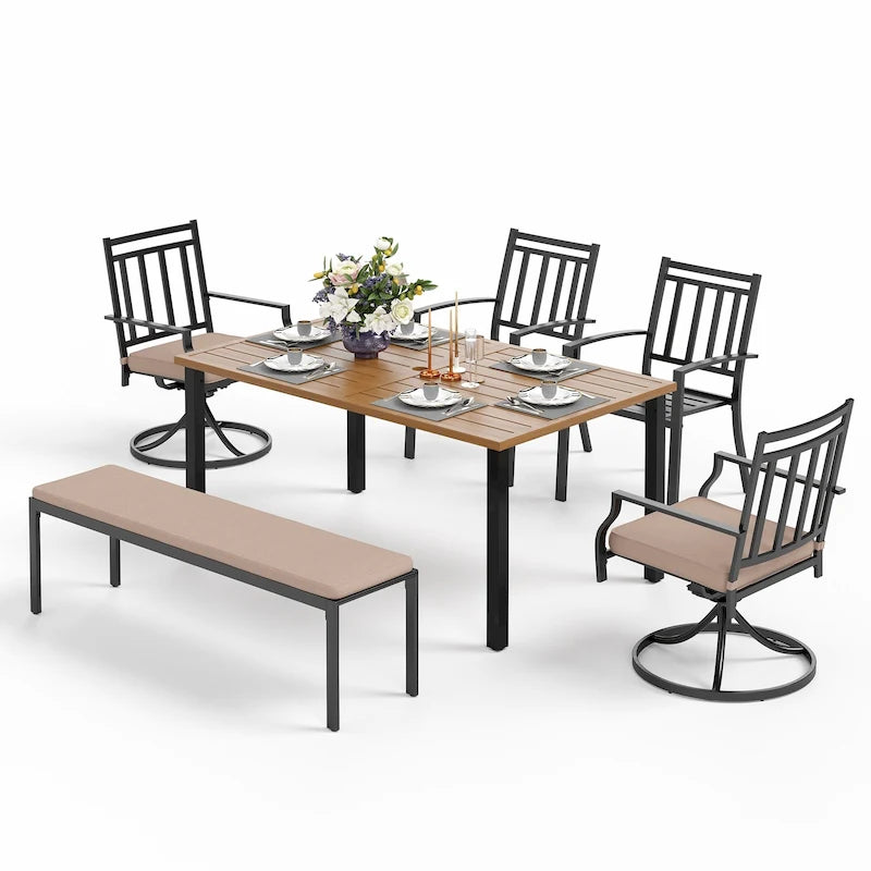 Ensemble de salle à manger d'extérieur MAISON ARTS 6 pièces comprenant 1 table rectangulaire couleur teck, 2 chaises pivotantes, 2 chaises empilables et 1 banc.