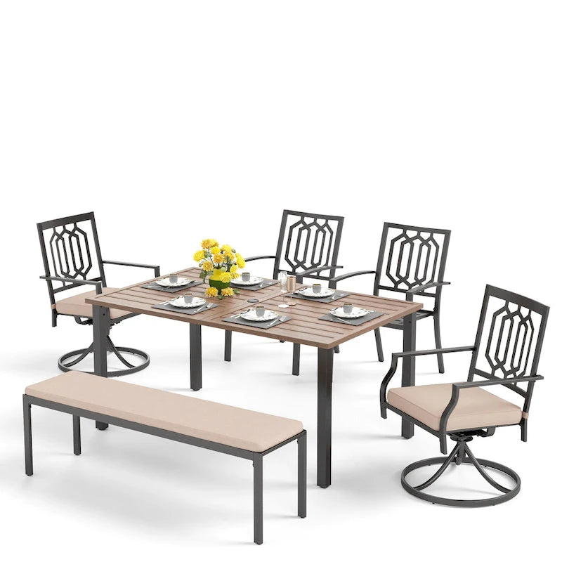 Ensemble de salle à manger d'extérieur MAISON ARTS 6 pièces comprenant 1 table rectangulaire couleur teck, 2 chaises pivotantes, 2 chaises empilables et 1 banc.