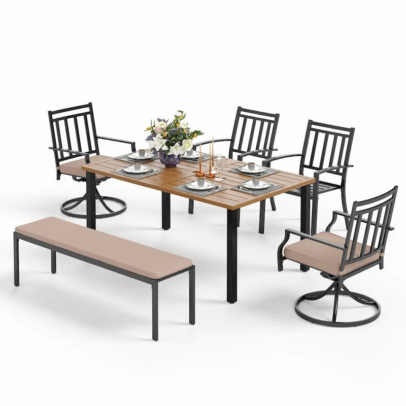 Ensemble de salle à manger d'extérieur MAISON ARTS 6 pièces comprenant 1 table rectangulaire couleur teck, 2 chaises pivotantes, 2 chaises empilables et 1 banc.