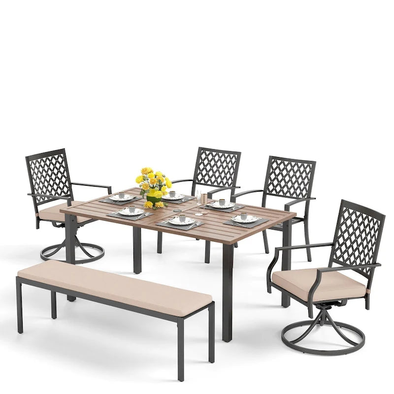 Ensemble de salle à manger d'extérieur MAISON ARTS 6 pièces comprenant 1 table rectangulaire couleur teck, 2 chaises pivotantes, 2 chaises empilables et 1 banc.