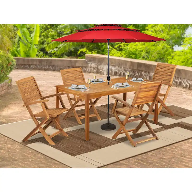 Ensemble de salle à manger bistro de patio East West Furniture - Table d'extérieur en bois d'acacia et chaises pliantes avec accoudoirs, finition huile naturelle (option de pièces)
