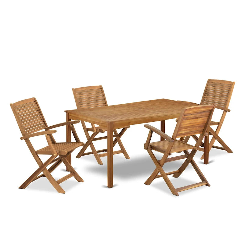 Ensemble de salle à manger bistro de patio East West Furniture - Table d'extérieur en bois d'acacia et chaises pliantes avec accoudoirs, finition huile naturelle (option de pièces)
