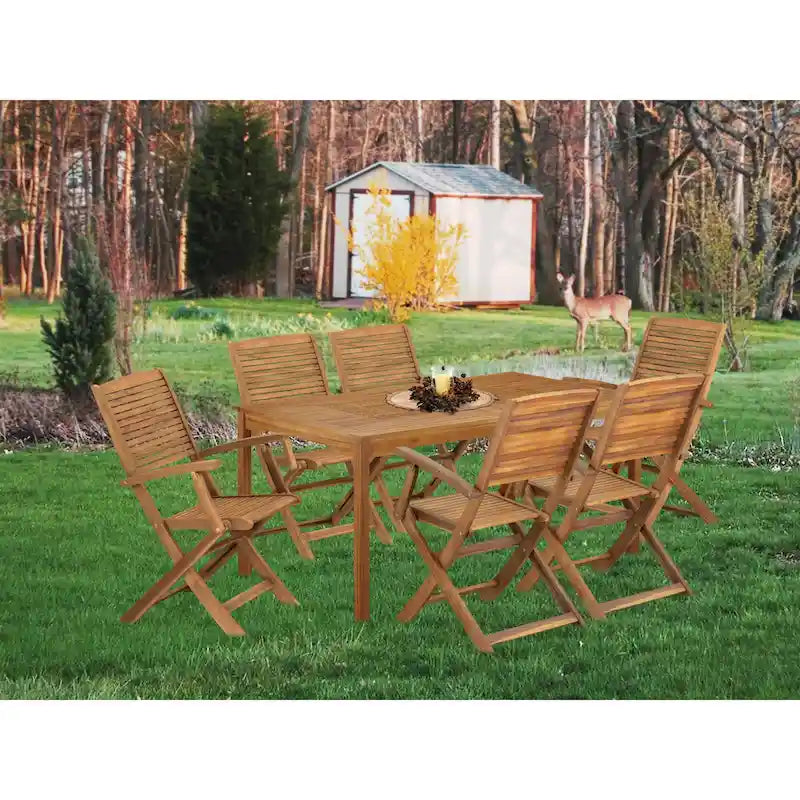 Ensemble de salle à manger bistro de patio East West Furniture - Table d'extérieur en bois d'acacia et chaises pliantes avec accoudoirs, finition huile naturelle (option de pièces)