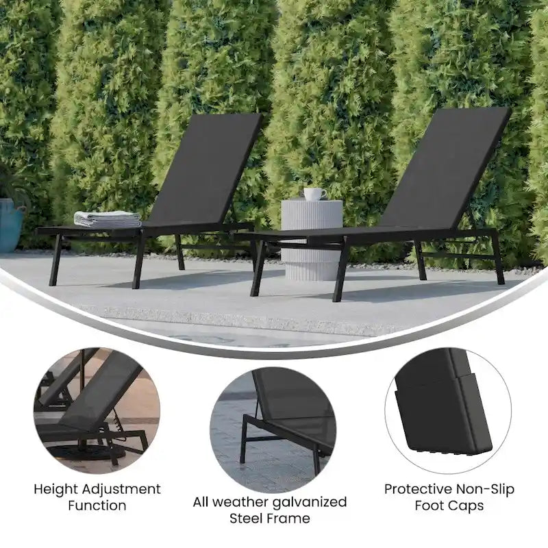 Ensemble de 2 chaises longues réglables en textilène résistant aux intempéries avec accoudoirs