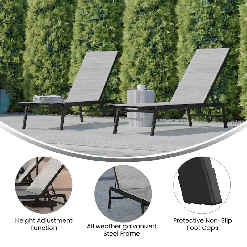 Ensemble de 2 chaises longues réglables en textilène résistant aux intempéries avec accoudoirs