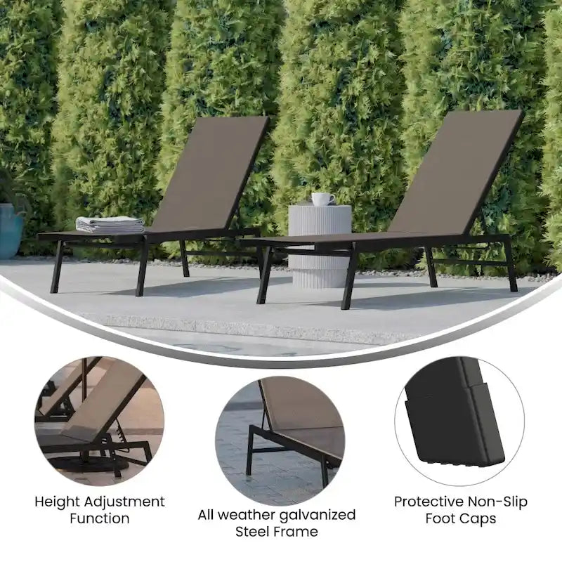 Ensemble de 2 chaises longues réglables en textilène résistant aux intempéries avec accoudoirs