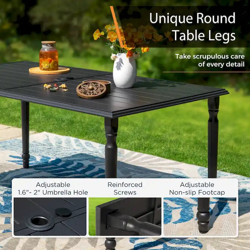 Ensemble de salle à manger d'extérieur rectangulaire en métal 7 pièces MAISON ARTS avec table à lattes et chaises pivotantes en textilène