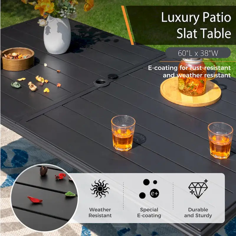 Ensemble de salle à manger d'extérieur rectangulaire en métal 7 pièces MAISON ARTS avec table à lattes et chaises pivotantes en textilène