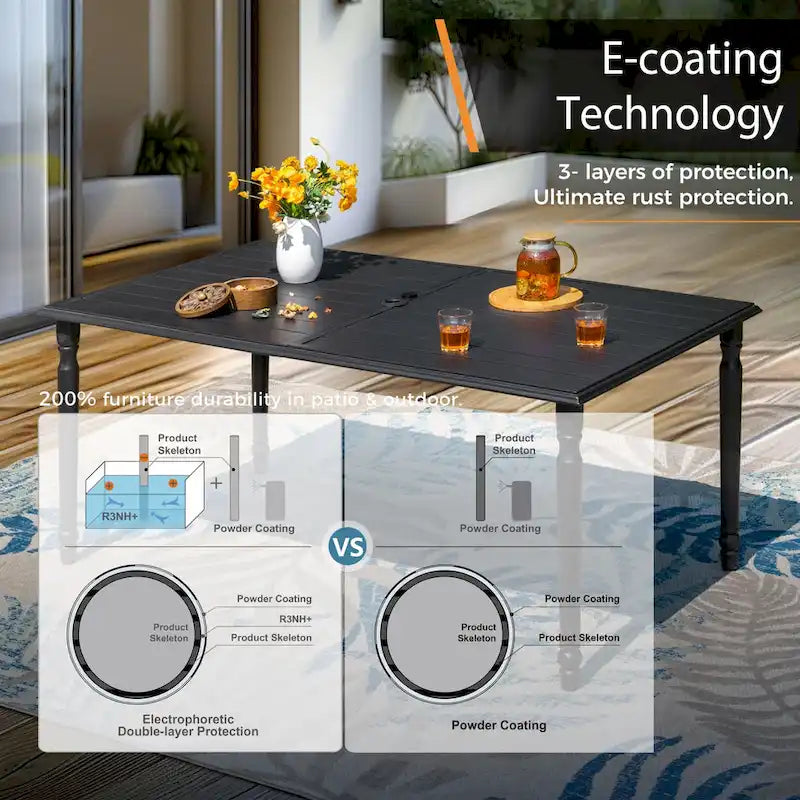 Ensemble de salle à manger d'extérieur rectangulaire en métal 7 pièces MAISON ARTS avec table à lattes et chaises pivotantes en textilène