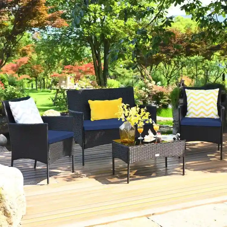 Ensemble de canapé de patio en rotin rembourré 4 pièces avec table basse en verre trempé - 24 x 23,5 x 33 (L x l x H)