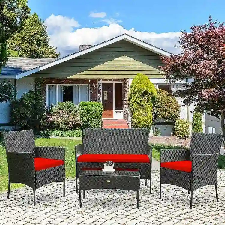 Ensemble de canapé de patio en rotin rembourré 4 pièces avec table basse en verre trempé - 24 x 23,5 x 33 (L x l x H)