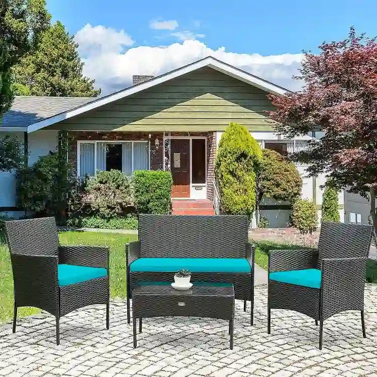 Ensemble de canapé de patio en rotin rembourré 4 pièces avec table basse en verre trempé - 24 x 23,5 x 33 (L x l x H)