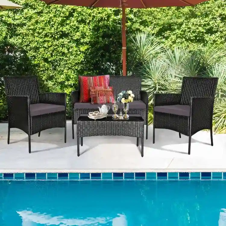 Ensemble de canapé de patio en rotin rembourré 4 pièces avec table basse en verre trempé - 24 x 23,5 x 33 (L x l x H)