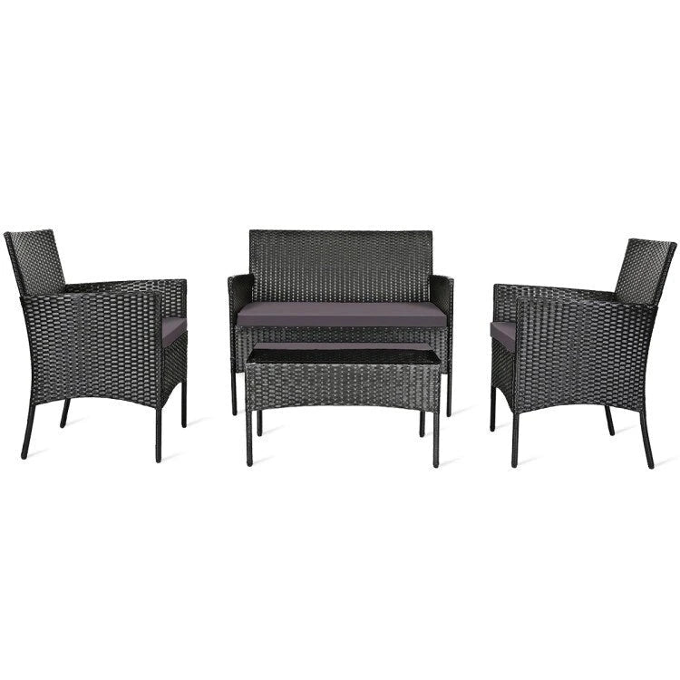 Ensemble de canapé de patio en rotin rembourré 4 pièces avec table basse en verre trempé - 24 x 23,5 x 33 (L x l x H)