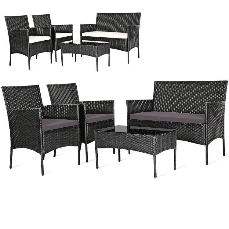 Ensemble de canapé de patio en rotin rembourré 4 pièces avec table basse en verre trempé - 24 x 23,5 x 33 (L x l x H)