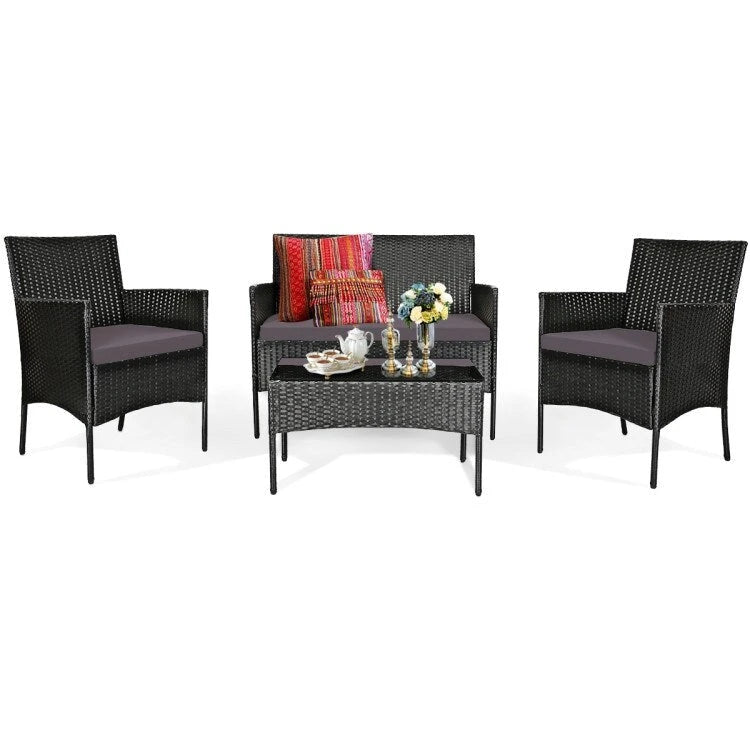 Ensemble de canapé de patio en rotin rembourré 4 pièces avec table basse en verre trempé - 24 x 23,5 x 33 (L x l x H)