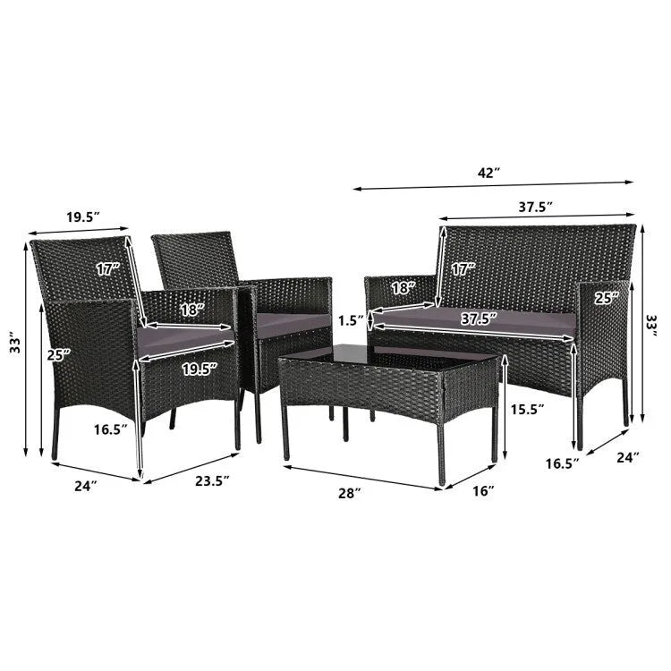 Ensemble de canapé de patio en rotin rembourré 4 pièces avec table basse en verre trempé - 24 x 23,5 x 33 (L x l x H)