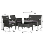 Ensemble de canapé de patio en rotin rembourré 4 pièces avec table basse en verre trempé - 24 x 23,5 x 33 (L x l x H)
