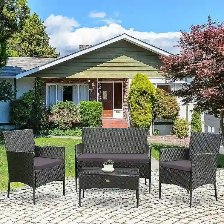 Ensemble de canapé de patio en rotin rembourré 4 pièces avec table basse en verre trempé - 24 x 23,5 x 33 (L x l x H)
