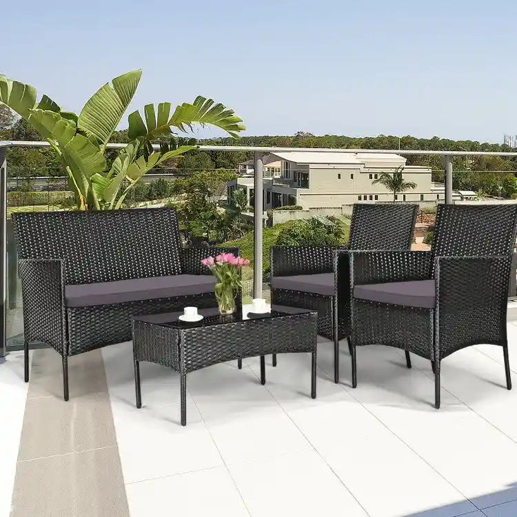 Ensemble de canapé de patio en rotin rembourré 4 pièces avec table basse en verre trempé - 24 x 23,5 x 33 (L x l x H)