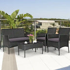 Ensemble de canapé de patio en rotin rembourré 4 pièces avec table basse en verre trempé - 24 x 23,5 x 33 (L x l x H)
