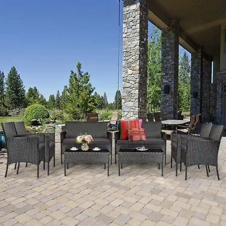 Ensemble de canapé de patio en rotin rembourré 4 pièces avec table basse en verre trempé - 24 x 23,5 x 33 (L x l x H)