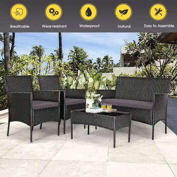 Ensemble de canapé de patio en rotin rembourré 4 pièces avec table basse en verre trempé - 24 x 23,5 x 33 (L x l x H)