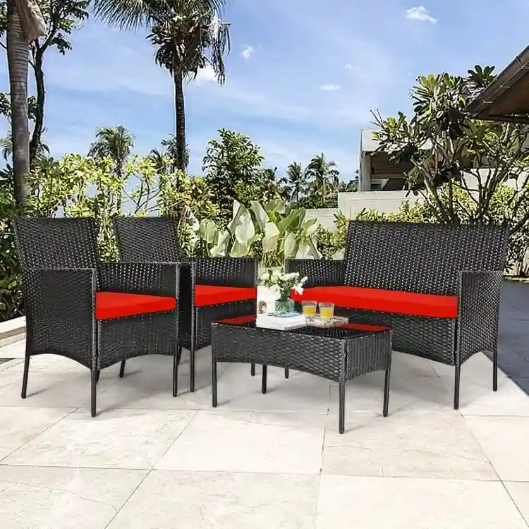 Ensemble de canapé de patio en rotin rembourré 4 pièces avec table basse en verre trempé - 24 x 23,5 x 33 (L x l x H)