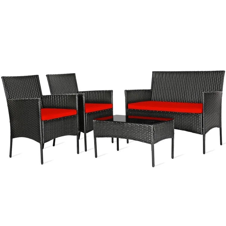 Ensemble de canapé de patio en rotin rembourré 4 pièces avec table basse en verre trempé - 24 x 23,5 x 33 (L x l x H)