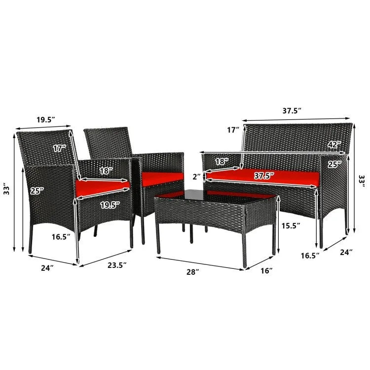 Ensemble de canapé de patio en rotin rembourré 4 pièces avec table basse en verre trempé - 24 x 23,5 x 33 (L x l x H)