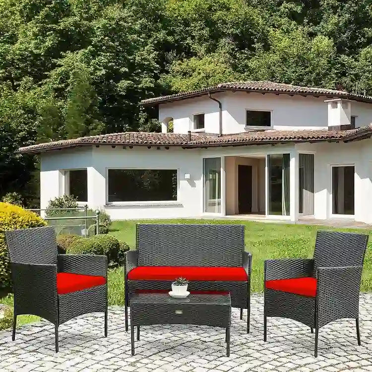 Ensemble de canapé de patio en rotin rembourré 4 pièces avec table basse en verre trempé - 24 x 23,5 x 33 (L x l x H)