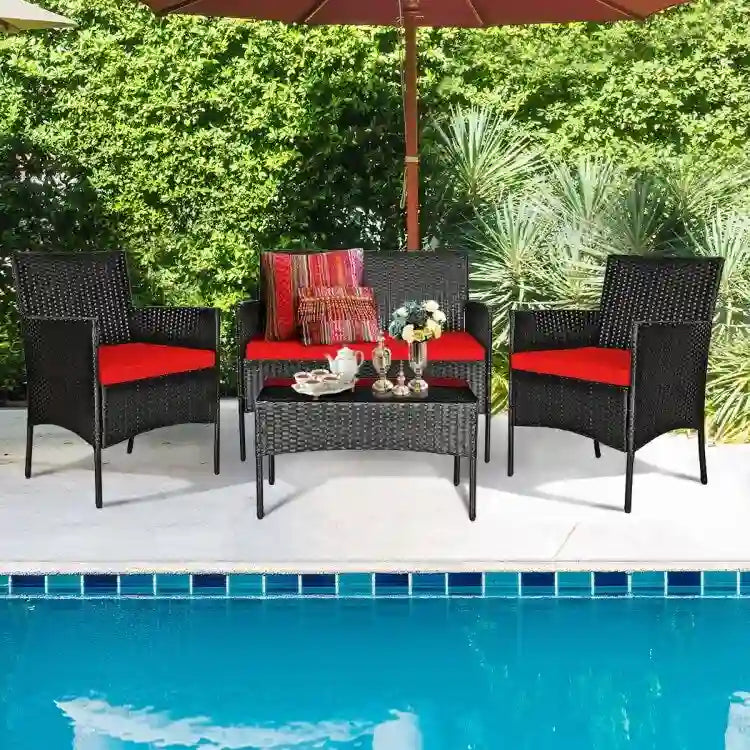 Ensemble de canapé de patio en rotin rembourré 4 pièces avec table basse en verre trempé - 24 x 23,5 x 33 (L x l x H)