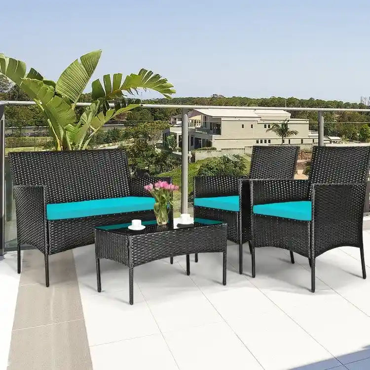 Ensemble de canapé de patio en rotin rembourré 4 pièces avec table basse en verre trempé - 24 x 23,5 x 33 (L x l x H)