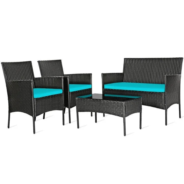 Ensemble de canapé de patio en rotin rembourré 4 pièces avec table basse en verre trempé - 24 x 23,5 x 33 (L x l x H)