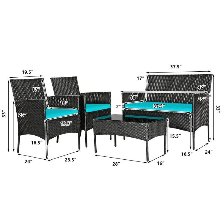 Ensemble de canapé de patio en rotin rembourré 4 pièces avec table basse en verre trempé - 24 x 23,5 x 33 (L x l x H)