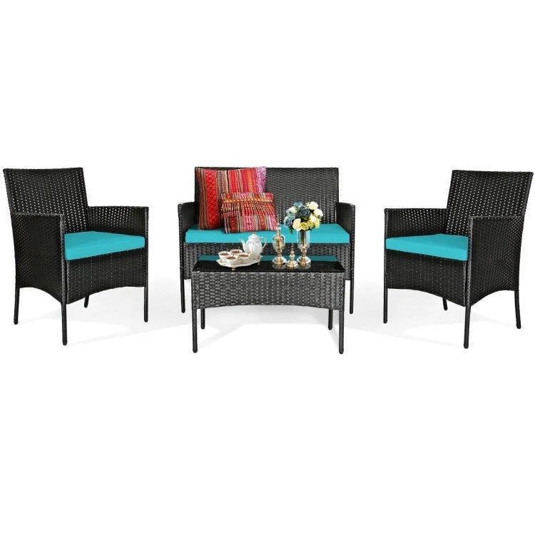 Ensemble de canapé de patio en rotin rembourré 4 pièces avec table basse en verre trempé - 24 x 23,5 x 33 (L x l x H)