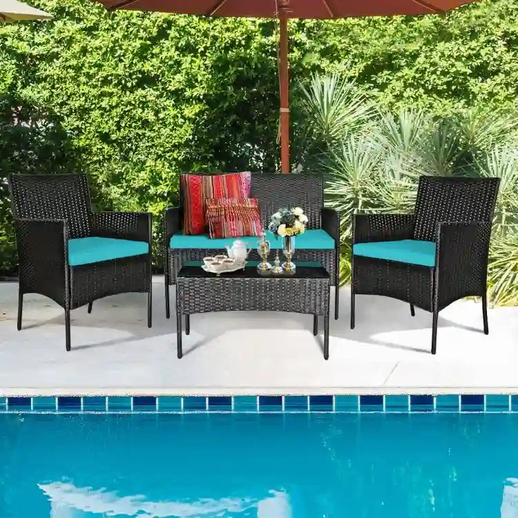 Ensemble de canapé de patio en rotin rembourré 4 pièces avec table basse en verre trempé - 24 x 23,5 x 33 (L x l x H)