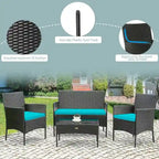 Ensemble de canapé de patio en rotin rembourré 4 pièces avec table basse en verre trempé - 24 x 23,5 x 33 (L x l x H)
