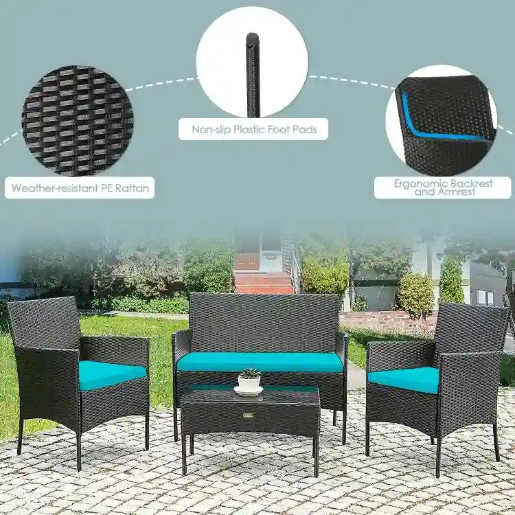 Ensemble de canapé de patio en rotin rembourré 4 pièces avec table basse en verre trempé - 24 x 23,5 x 33 (L x l x H)