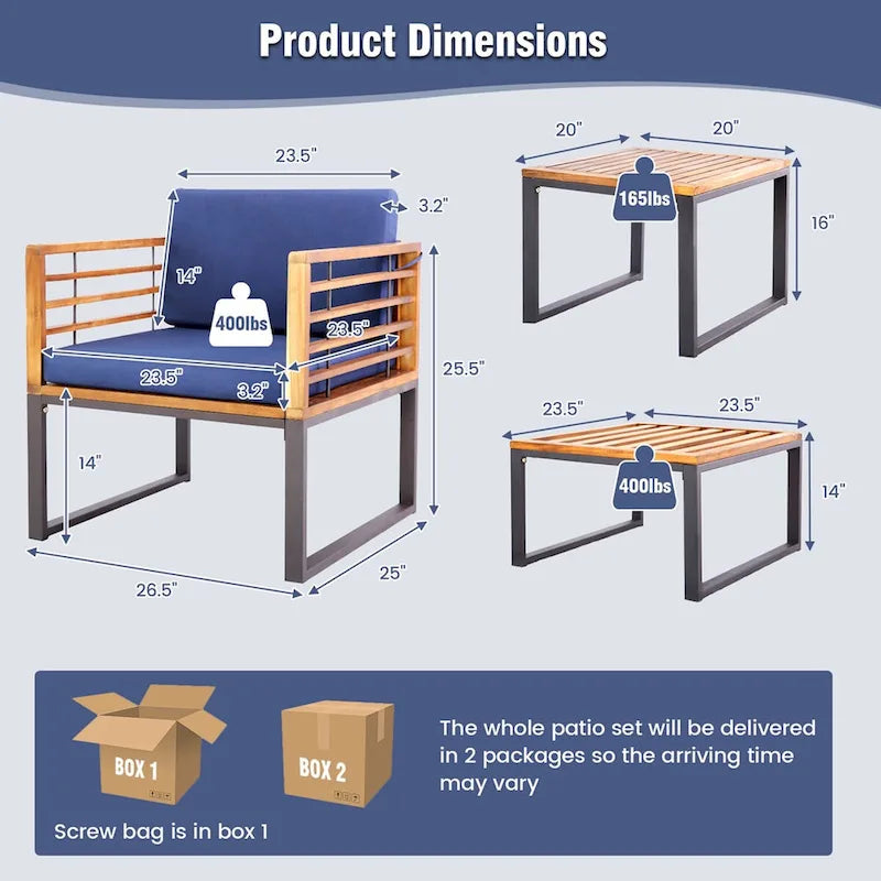 Ensemble de 5 pièces Costway : chaise, pouf et table basse rembourrés pour patio en bois d'acacia - Voir les détails