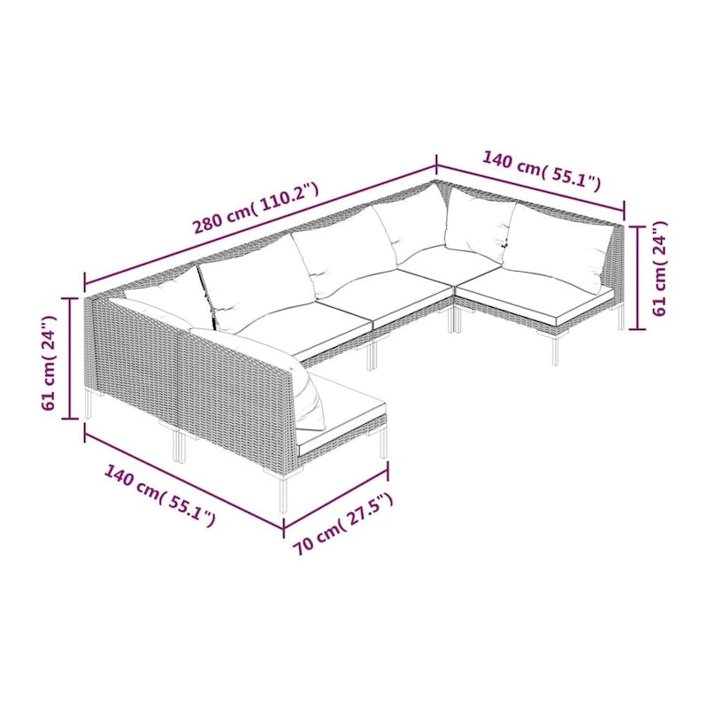 Ensemble de salon de jardin vidaXL, canapé d'angle sectionnel en polyrotin gris foncé - 70 x 70 x 61 cm