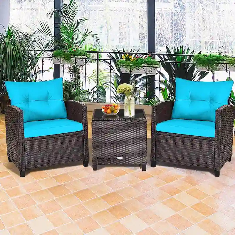 Ensemble de conversation 3 pièces en rotin pour patio Gymax avec table basse - Voir les détails