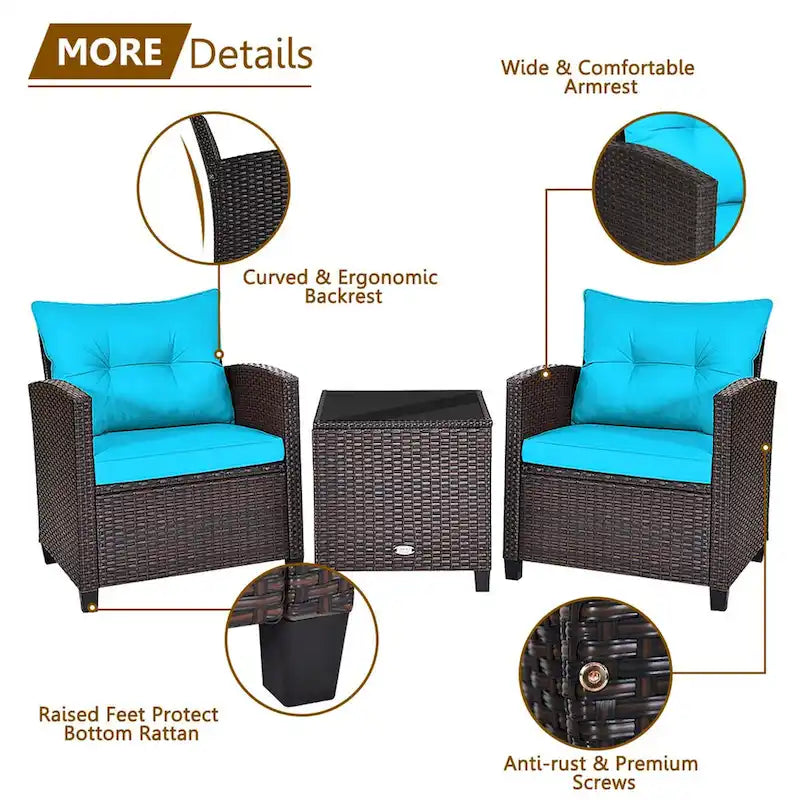 Ensemble de conversation 3 pièces en rotin pour patio Gymax avec table basse - Voir les détails