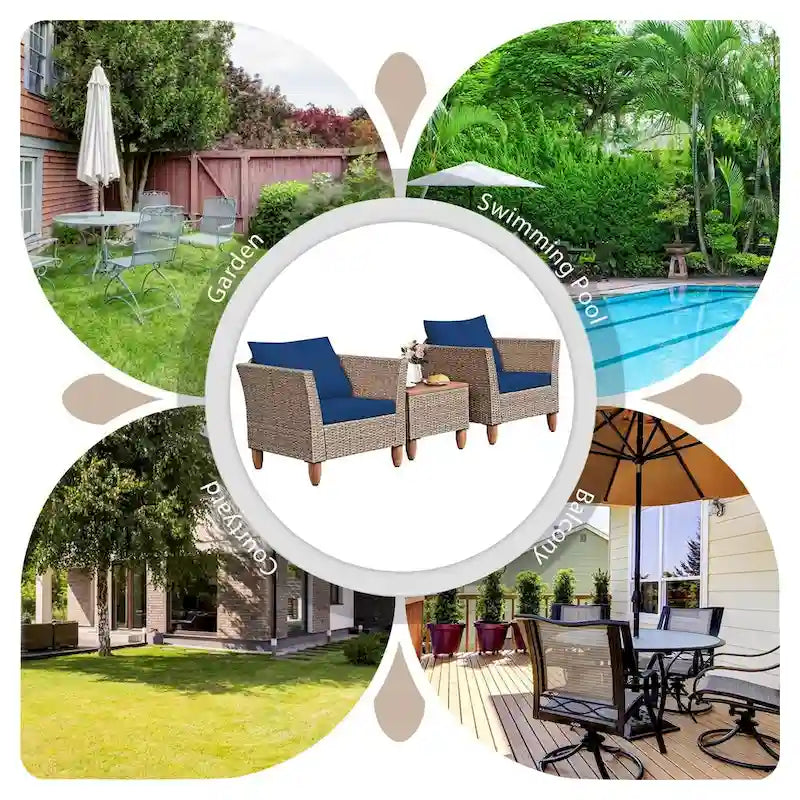 Ensemble de 3 meubles de patio en rotin avec coussin lavable pour jardin ou véranda - 29 x 27 x 28 (L x l x H)