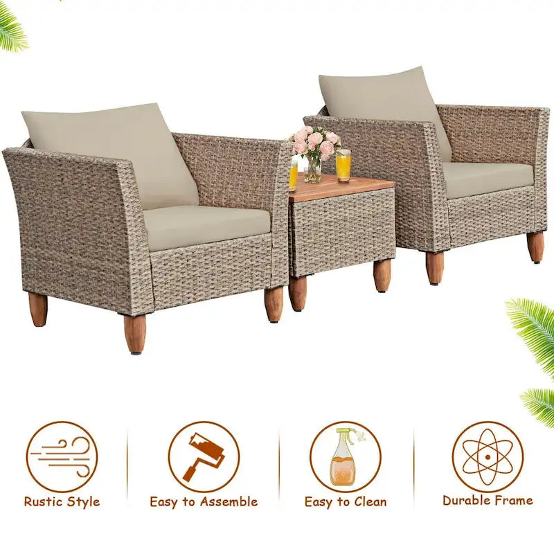 Ensemble de 3 meubles de patio en rotin avec coussin lavable pour jardin ou véranda - 29 x 27 x 28 (L x l x H)